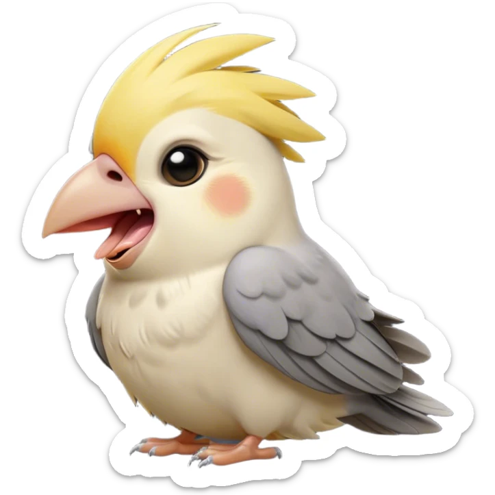 Cinematic Cute Yawning Cockatiel Portrait Emoji, Head tilted slightly with a dramatic, wide-open yawn, showcasing a soft grey fur with subtle yellow accents and gently drooping crest feathers, round dark eyes barely open in drowsy contentment, Simplified yet irresistibly adorable features, highly detailed, glowing with a soft, cozy glow, high shine, relaxed yet expressive, stylized with a touch of whimsy, bright and endearing, soft glowing outline, capturing the essence of a sleepy yet affectionate cockatiel, so drowsy it feels like it could stretch out of the screen and curl up for a nap! sticker