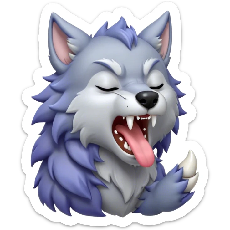 Cinematic Cute Yawning Werewolf Portrait Emoji, with a cuddly, miniature lupine form in soft moonlit grays and silvers, head leaning back in a big, adorable yawn that reveals a few fuzzy teeth, simplified yet irresistibly charming, highly detailed with a soft glowing outline that captures the drowsy, playful essence of a werewolf mid-nap! sticker