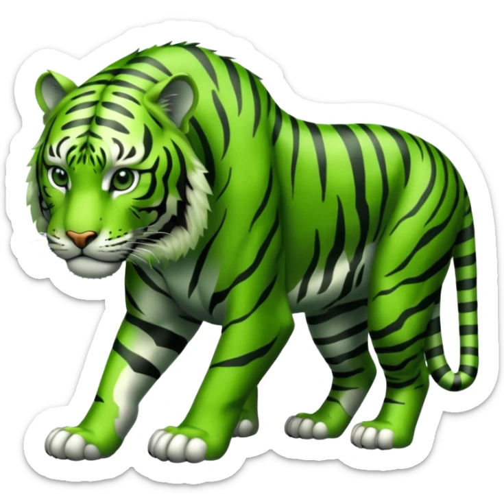 powerful green tiger on all fours, all fur green, black stripes, no orange sticker