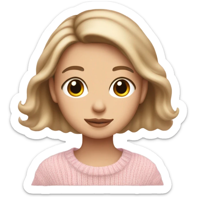 Pretty brown eyed white girl with light pink sweater reading cozy sticker