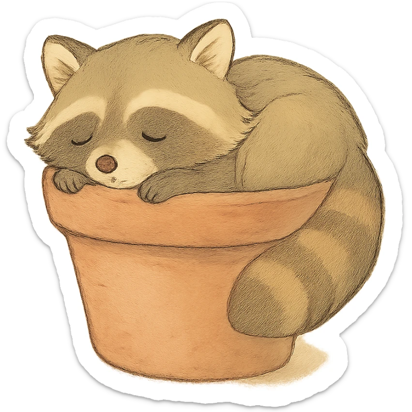 sleepy raccoon inside a flower pot, pastel earthy colors, soft Ghibli style sticker