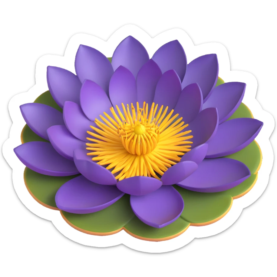 Realistic deep purple lotus flower with detailed layered petals and yellow stamens, floating on authentic lotus pad with characteristic notch and bowl shape sticker