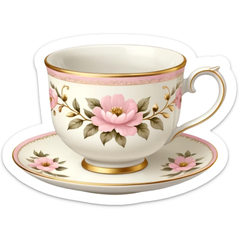 White teacup with baby pink floral antique print with gold accents  sticker