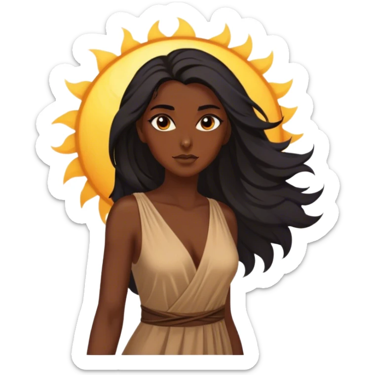 Cinematic Stunning Pocahontas Portrait Emoji, Windswept raven hair flowing behind her, deep brown eyes filled with wisdom and strength, glowing sun-kissed skin, wearing her elegant tan dress, the spirit of the wild in her expression, breathtakingly majestic! sticker