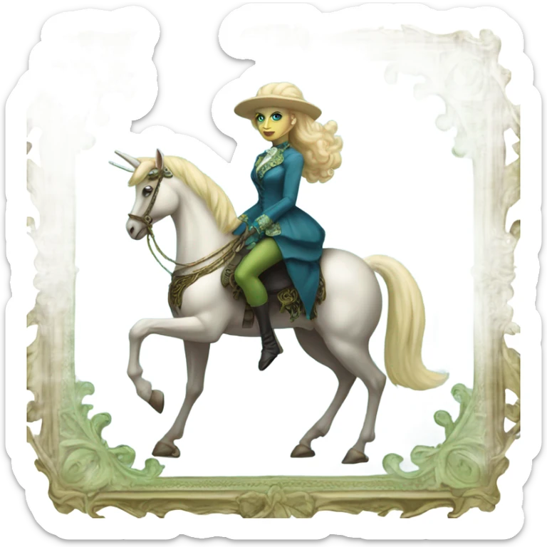 "galora green blonde alien woman" in blue Victorian dress elegant, full body, on brown and white unicorn sticker