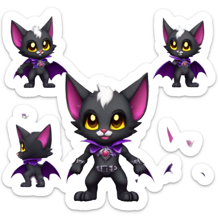 Anthro-Cute-Edgy-Cool-Vampiric-Batty-Cat-Black-Purple-Red-Grey-White-Yellow-Contrast-Colors-Fantasy-Fur-Sona-Chibi-Shiny-Fakémon-Hybrid with horns and fangs and collar full body sticker