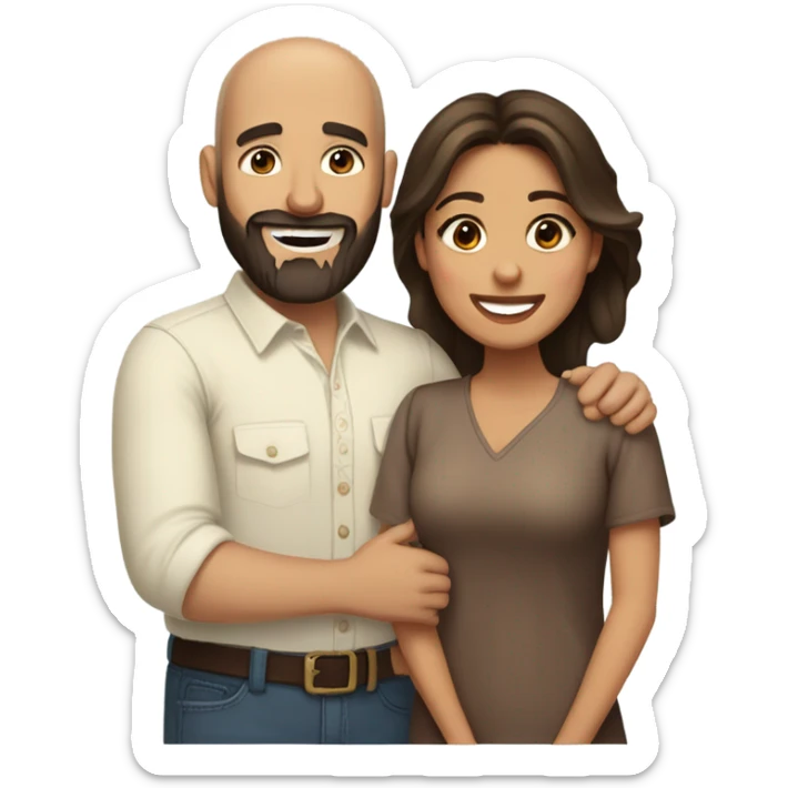 Brown-haired Puerto Rican woman with dark brown eyes wearing a cute blouse giving comforting hug to short, bald man with brown eyes, laugh lines, and a beard sticker