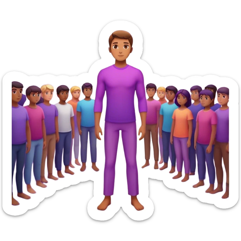 A charismatic person standing confidently in the center of a room, radiating a violet warm bright aura glow, he is calm with a lot of people around sticker