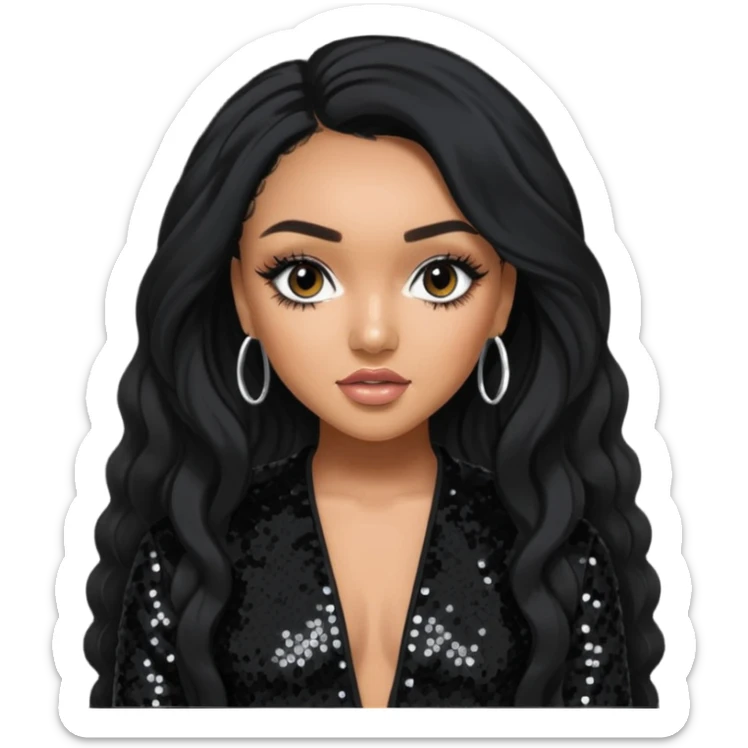 Leigh-Anne Pinnock from Little Mix with long black hair, black sequin outfit sticker