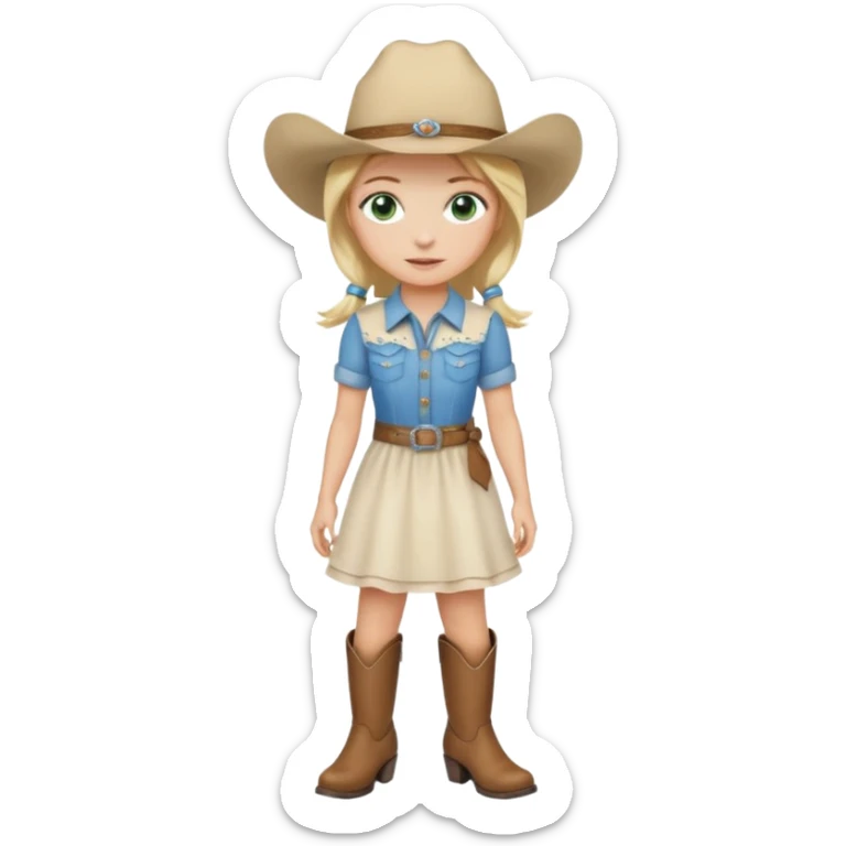 cowgirl bionda con occhi verdi/azzurri con un vestito bianco stivali e cappello beige sticker
