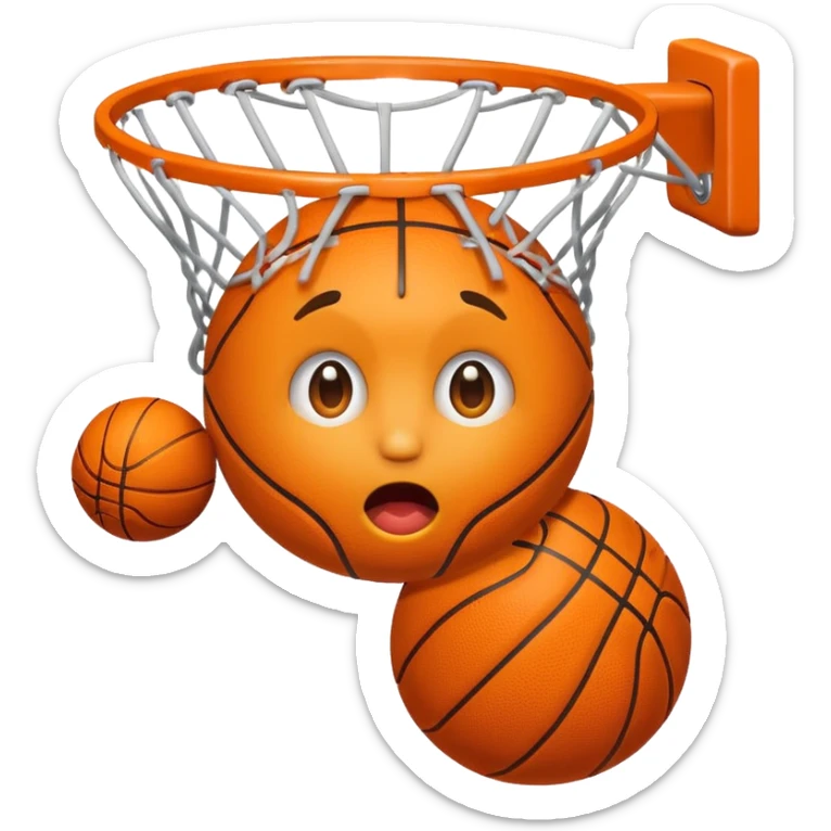 basketball airball emoji, ball soaring above the hoop, surprised face sticker