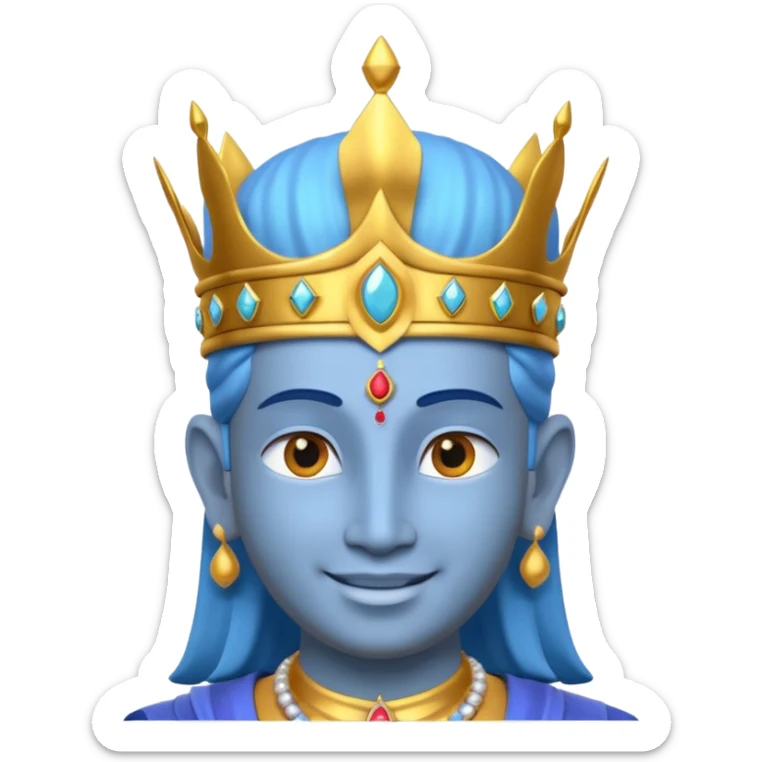 Hindu god Vishnu portrait, head and shoulders only, blue skin, golden crown, sacred jewelry, peaceful smile, divine aura, 3D cartoon, mobile game icon style, clean background, no text, no watermark
 sticker