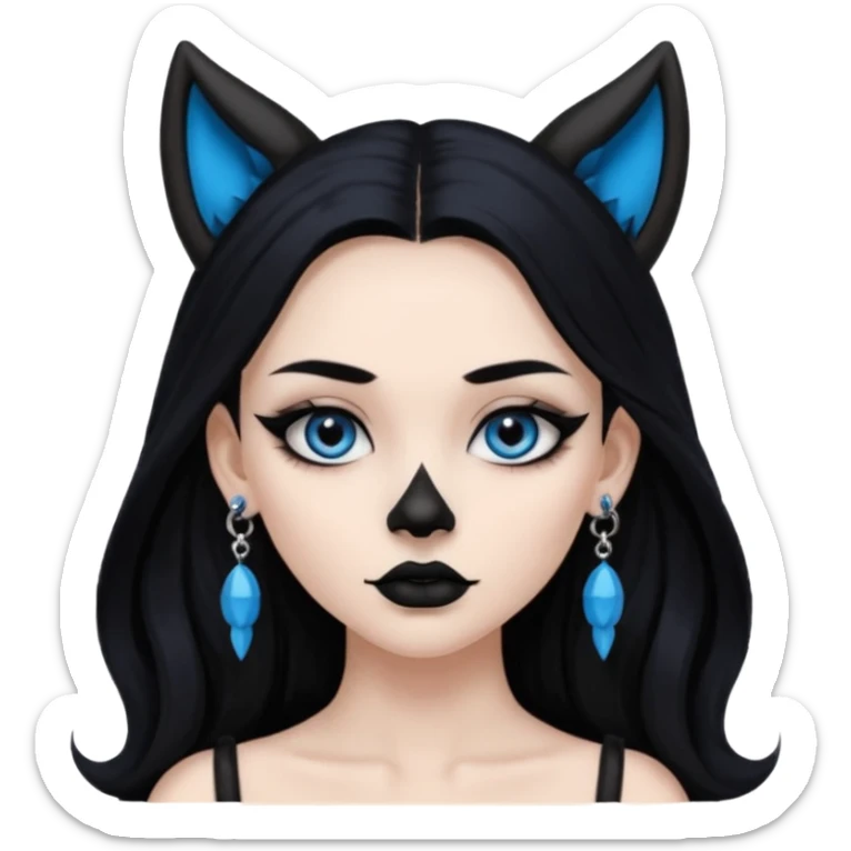 A girl with long black hair and blue eyes, black eyeshadow, black eye liner, mascara, and black lipstick, and black skull earrings. Also a black sexy dress and wolf ears  sticker