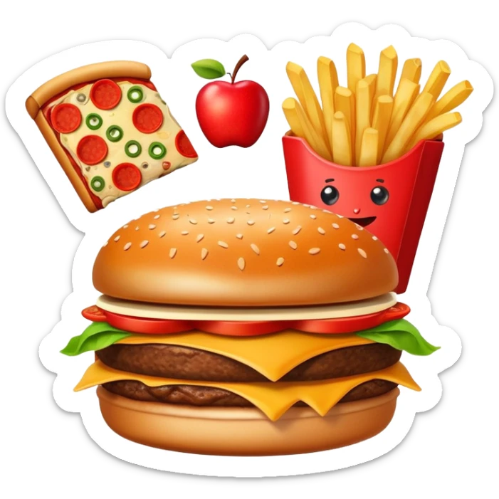A fun fusion food emoji where a burger, pizza slice, french fries, and an apple are combined into one wacky fast food item sticker