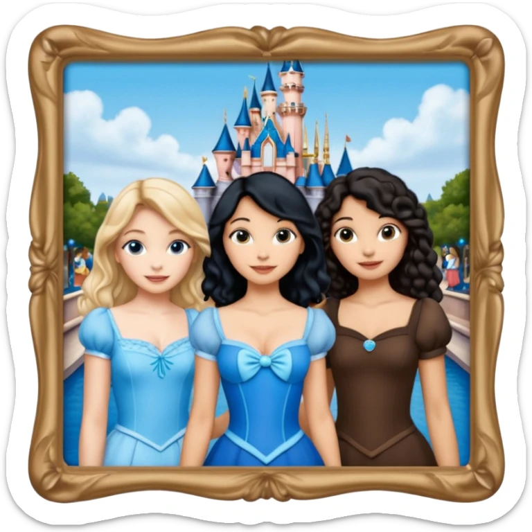 escribe el nombre Disneyland Paris y para titulo, pon a quatro chicas: una pelo corto negro, una pelo rizado largo, una pelo largo liso y la otra pelo ondulado mediano, esta con el ojos azules. Haz un cuadrado rectangular grande y por los lados pon a las chicas que te he descrito sticker