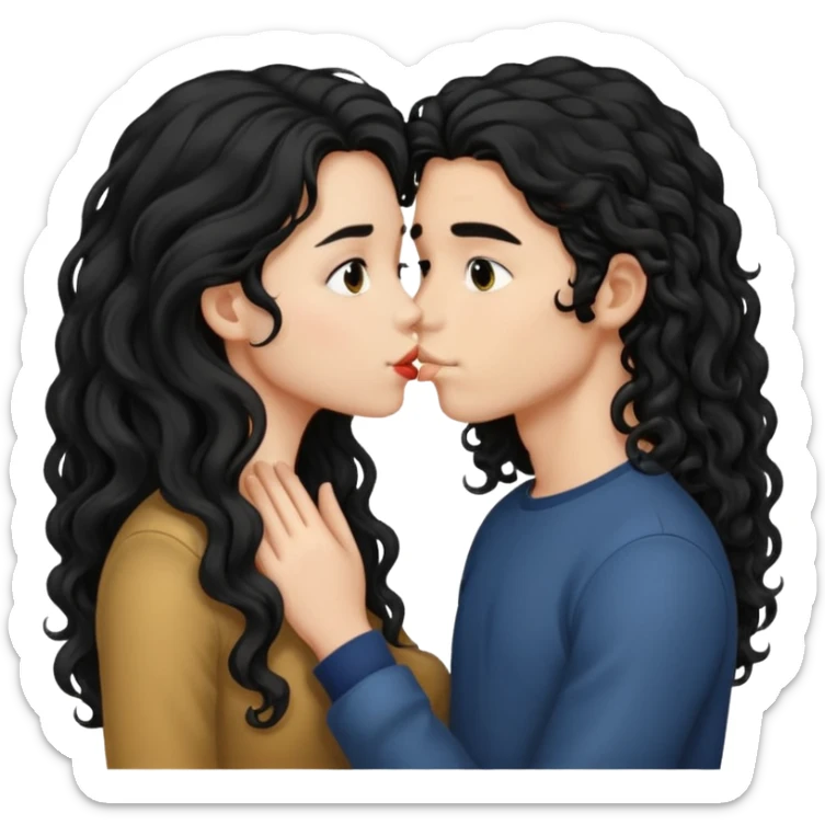 girl with long black hair kissing boy with long curly hair  sticker
