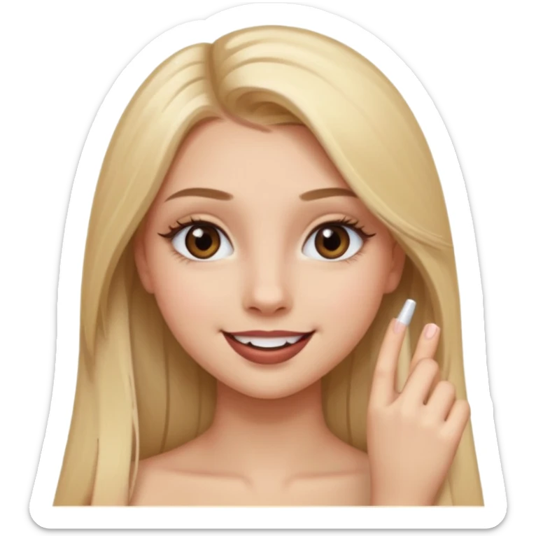 una chica con pose divertida de 18 años con los labios con pintalabios nude y los ojos maquillados, de piel blanca con el pelo liso, largo y rubio, ojos marrones sticker