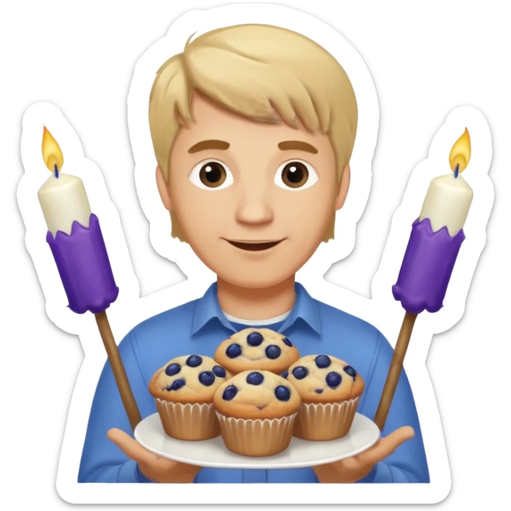It is my friend virginias birthday. Create emoji with me saying happy birthday Virginia while holding blueberry muffins with birthday candles in them! I am a white man make the emoji with dirty blonde hair. Have a banner that says happy birthday  sticker