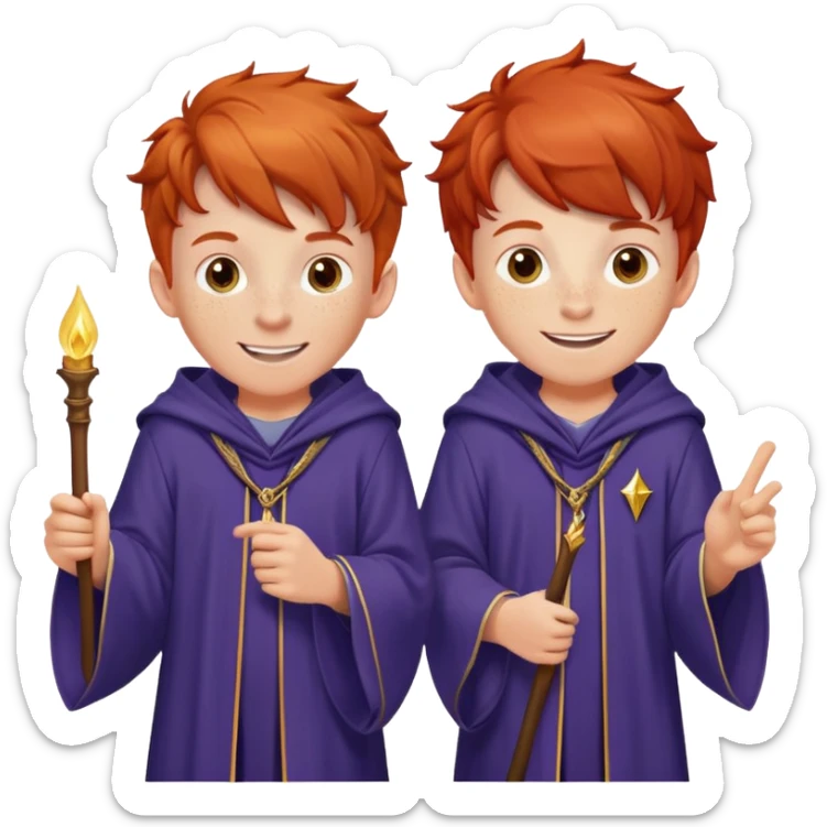 Two identical redheaded teenage boys with mischievous grins, freckles, and wizard robes sticker