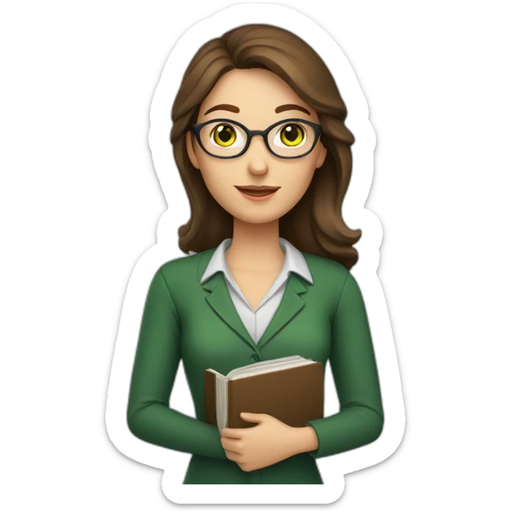 Teacher woman with brown hair and green eyes with a book and a pointer  sticker
