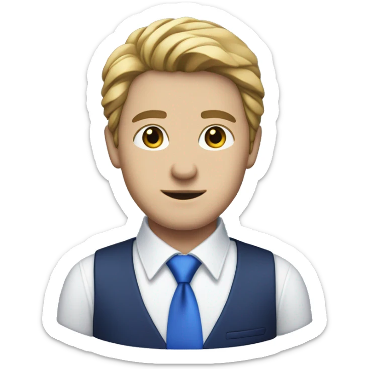 caucasian male, dark blue suit, white shirt and blue-purple tie sticker