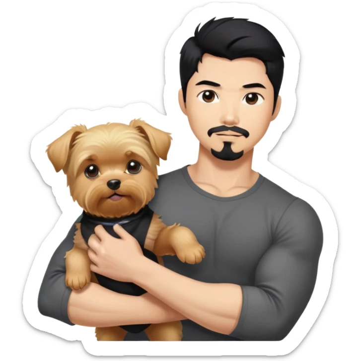  No female.  Holding a blonde yorkie. Dark haired Korean Asian handsome man with black pointy hair full goatee and biceps sticker