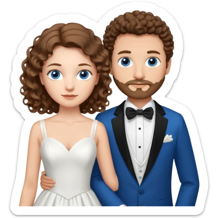 wedding couple, woman has long lightly curled brown hair and blue eyes, man has short light brown curly hair and facial hair with blue eyes sticker