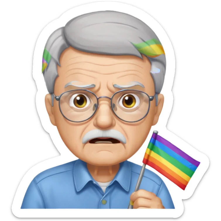 make old old man like 80 with gray hair and fur has HUGE EYE brows and glasses and is always mad and gay holding the rainbow flag sticker