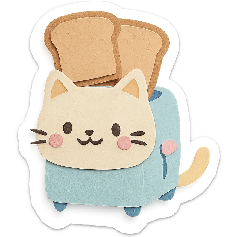 kawaii toaster cat popping out two toast slices, smiling sweetly, soft pastel colors, full-body sticker