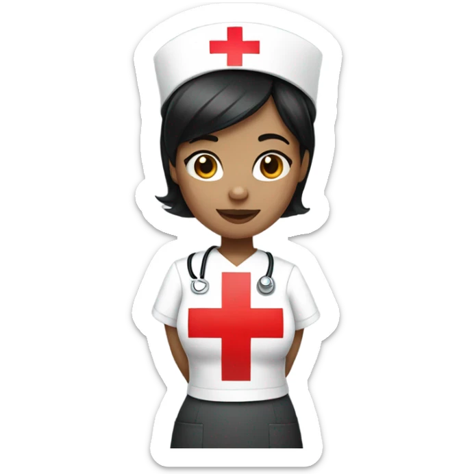 super short black straight hair female nurse with red cross sign hat wearing dress sticker