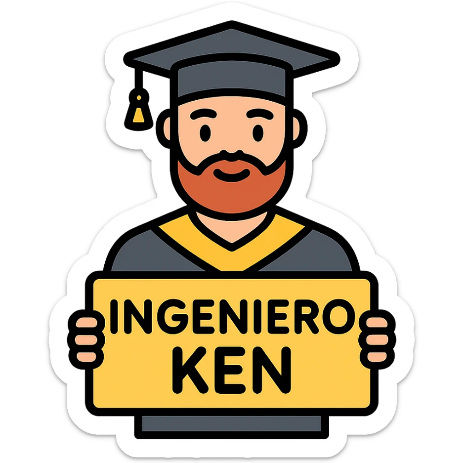 graduado universitario clásico con barba, birrete y toga, sosteniendo un cartel que dice INGENIERO KENY, estilo icono colorido, líneas limpias, fondo neutro sticker