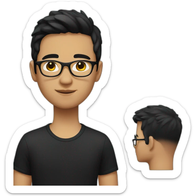 A boy with short black hair in a black T-shirt and black-rimmed glasses sticker