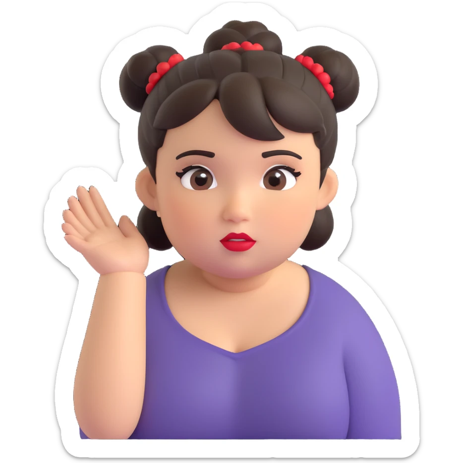light brown girl, slightly chubby, messy black hair in a bun, red lipstick, light brown eyes, asking a question sticker