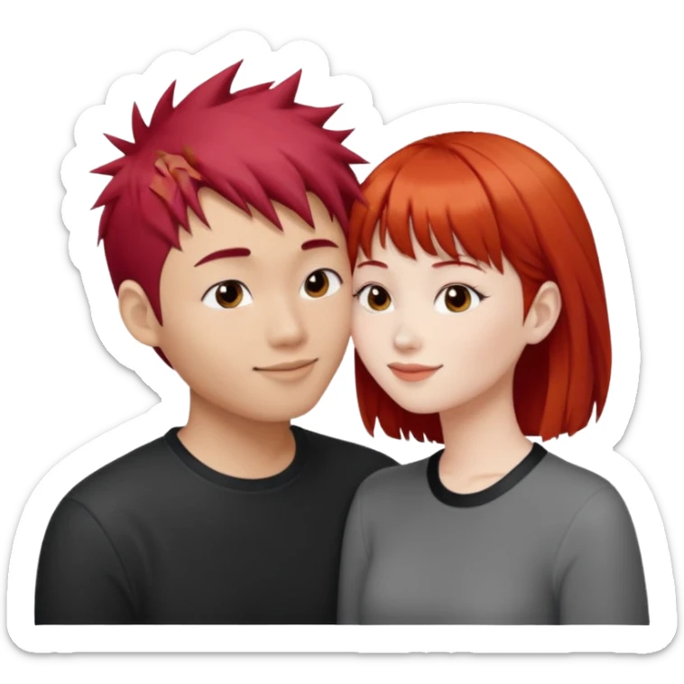 Asian Spiky short red hair  guy kissing redhead white girl with bangs sticker