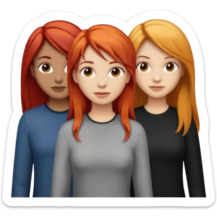 Can you create an image of 3 friends together one with red bright hair light skin one the other with brown hair with some blonde highlights in the hair fair skin the last one with light brown a tint of orange hair and black long hair sticker