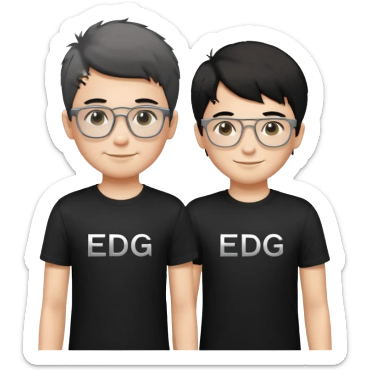 2 boys standing together. oner wearing black t-shirts with the letters 'EDG' fluffy short hair and silver rectangular glasses. the other one has black hair, smiled brightly, no glasses. the one who has no glasses is taller sticker