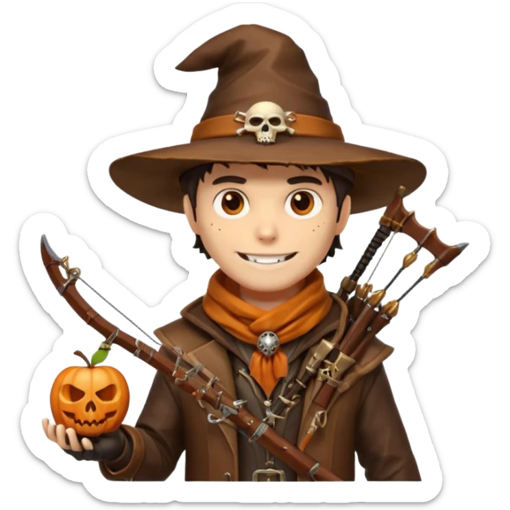 male human monster hunter emoji, wearing brown leather coat and wide hat, holding crossbow, with amulet shaped like skull, Halloween fantasy theme, confident smile, orange scarf, Apple emoji style, clean white background, square image sticker