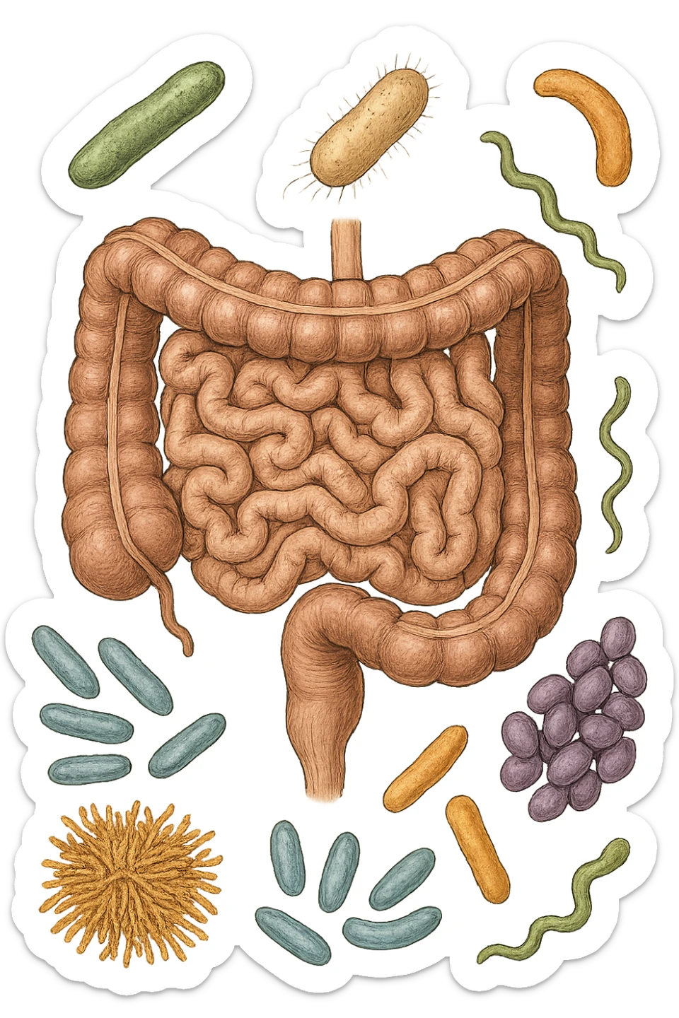 intestino umano anatomico con batteri intestinali che gli fluttuano intorno sticker