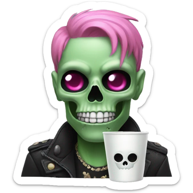 Black skull with green hair pink eyes and a cup on the nose sticker