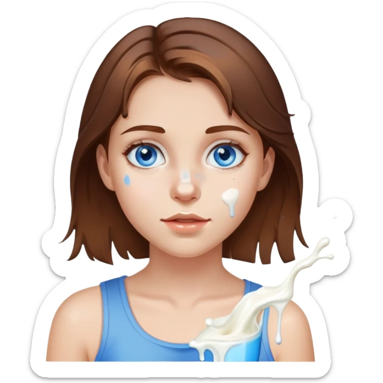 Brown hair blue eyed girl with milk splatter on face sticker