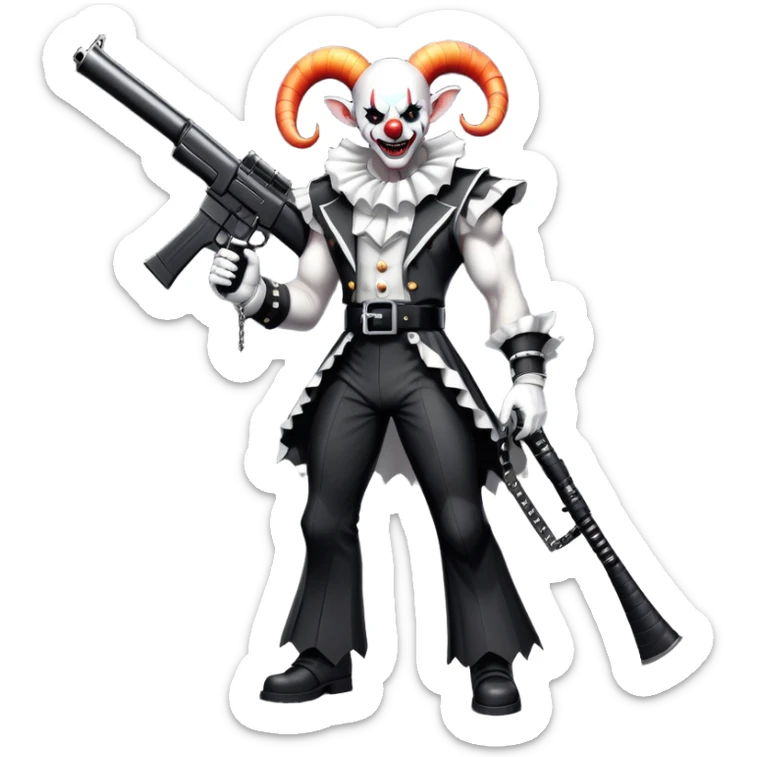 full-body muscular demonic clown, battle-ready, black and white leisure suit with bellbottom pants, bald, black ram horns, flashy black and white belt, ruffled white shirt, no neck tie, large fangs, holding very large futuristic rifle sticker