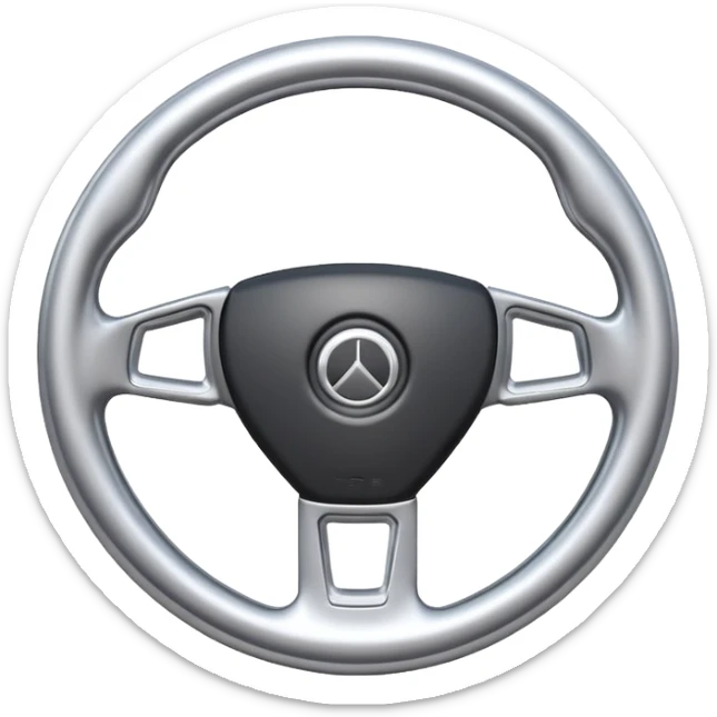A futuristic steering wheel emoji made of silver chrome, minimal geometric design, smooth metallic surface, soft reflections, iOS emoji style, centered, clean white background sticker