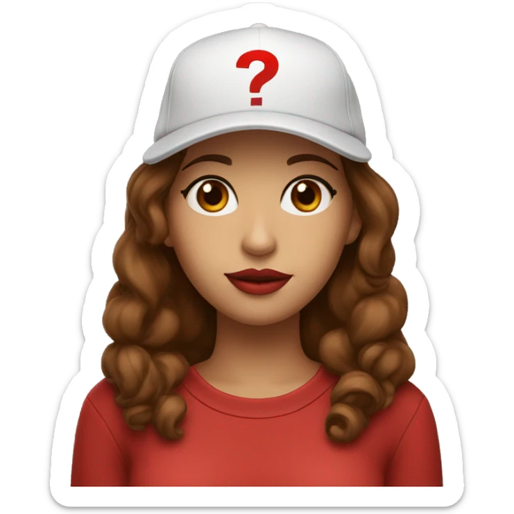 A beautiful woman wearing a cap and a black sweatshirt with a neckline, big lips, brown hair. The cap has a red question on it. sticker