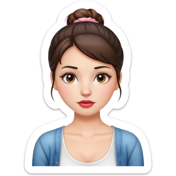 “Emoji brunette girl hair in bun white top, dewy skin, heavy blush across cheeks and nose bridge, glossy cherry lips, soft eyeliner, teary sparkling eyes like hanni from new jeans sticker