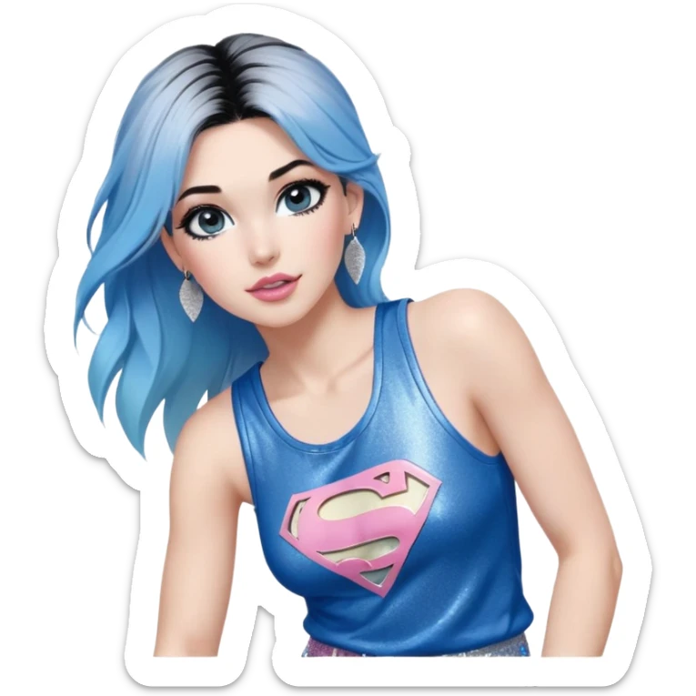 Tall-full body-Larger female chest-very excited-very-beautiful-face-white torn cargo pants-light-pink-lips-very long-very-straight-dark-blue-ombre-hair-and-blue-eyes-thick-black-eyeliner-thick-long-eyelashes-sky-blue-superman-tank-top-with-glitter-and-silver-hoop-earrings sticker