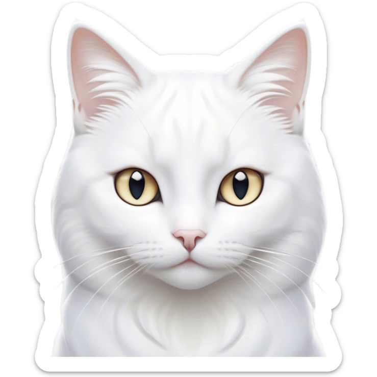 Cinematic Noble White Cat Portrait Emoji, Poised and stately, with a pristine, snow-white fur accented by delicate hints of silver, refined whiskers and a serene, focused gaze, simplified yet impeccably detailed, glowing with an ethereal radiance and timeless elegance, high shine, exuding calm intelligence and regal simplicity, soft glowing outline, capturing the essence of a noble white cat that radiates quiet majesty! sticker