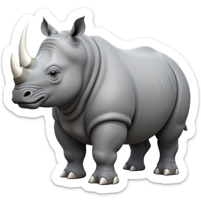 cinematic-rhino-full-body-standing-emoji,white horn, slate grey skin -massive-body-poised-powerfully,-thick-horn-curving-slightly-forward,-head-tilted-dramatically,-rough-grey-hide-covered-in-dust,-simplified-focused-features, sticker
