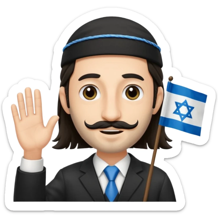 jewish jew man's face, wearing a tiny black kippah and 2 thin long hair strands near the ears, big nose, only face, no body, no mustache, holding israel flag sticker