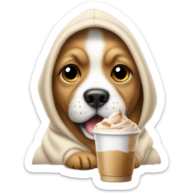 Dog wearing a hoodie eating a puppachino sticker