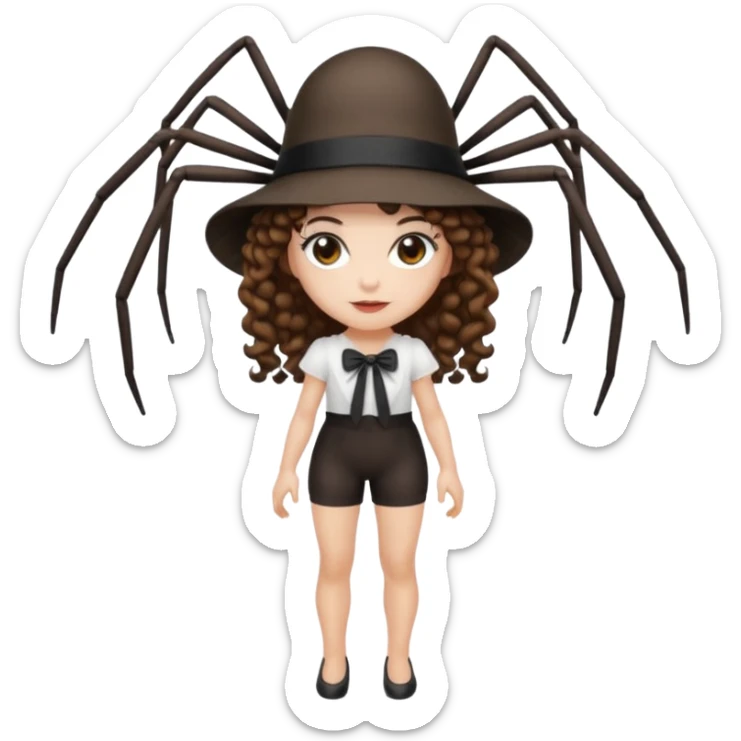 full body woman short curly brown mullet hair brown eyes white skin wearing spider hat and silk ribbon outfit sticker